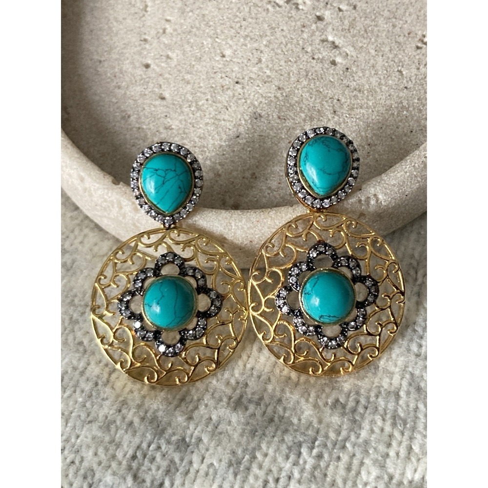 Gold Tone Faux Turquoise Earrings Rhinestone Filigree Dangle Statement Chunky